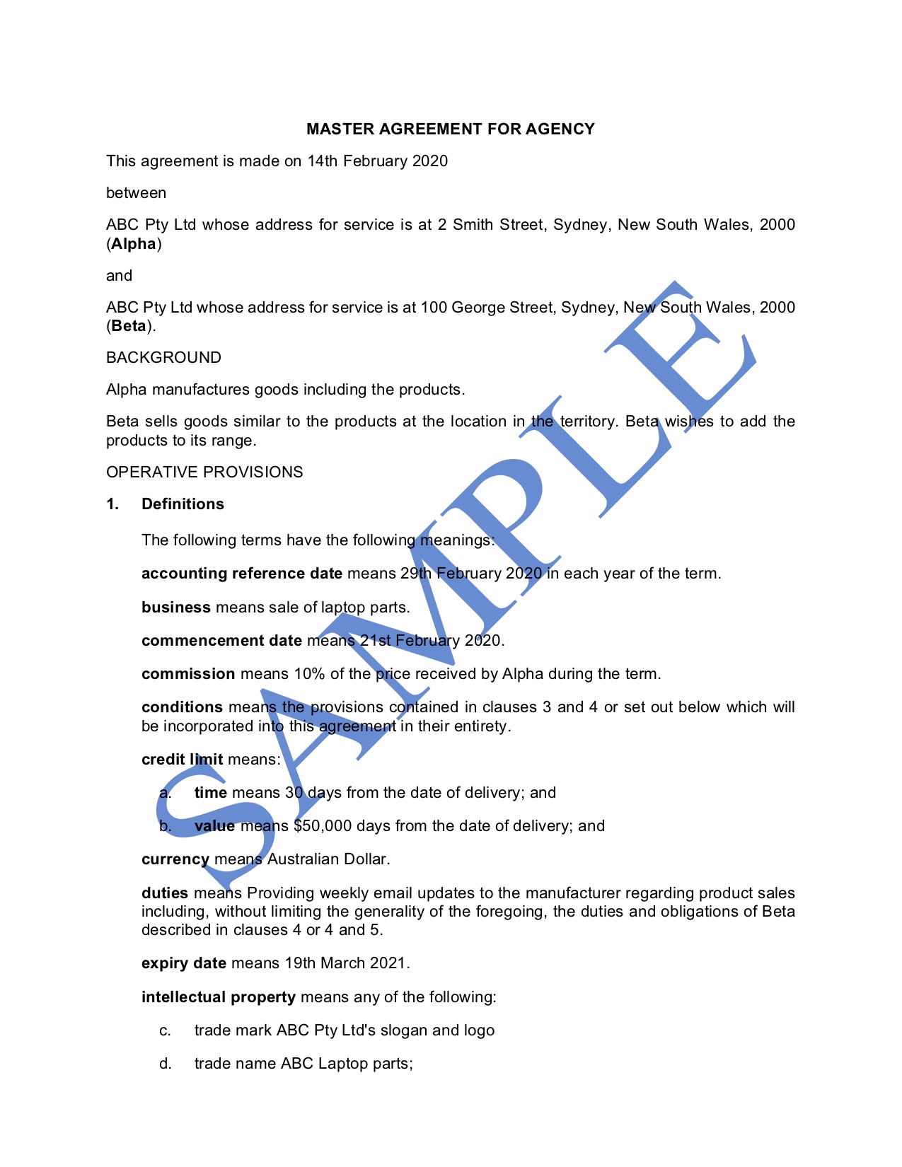 Agency Agreement (Sale of Goods)